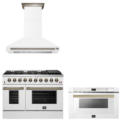FORNO Appliance Package - 48" Gas Range, Range Hood, Microwave in White with Antique Brass Accents