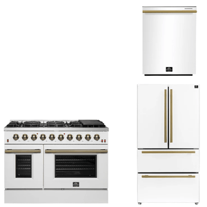 FORNO Appliance Package - 48" Gas Range, 36" Refrigerator, Dishwasher in White with Antique Brass Accents