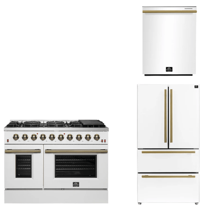 FORNO Appliance Package - 48" Gas Range, 36" Refrigerator, Dishwasher in White with Antique Brass Accents