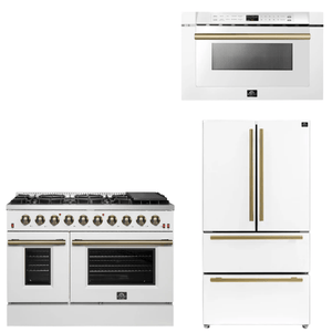 FORNO Appliance Package - 48" Gas Range, 36" Refrigerator, Microwave in White with Antique Brass Accents