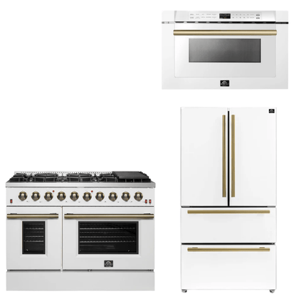 FORNO Appliance Package - 48" Gas Range, 36" Refrigerator, Microwave in White with Antique Brass Accents