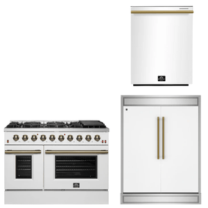 FORNO Appliance Package - 48" Gas Range, 60" Refrigerator, Dishwasher in White with Antique Brass Accents