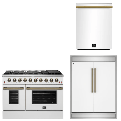 FORNO Appliance Package - 48" Gas Range, 60" Refrigerator, Dishwasher in White with Antique Brass Accents