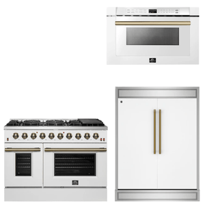 FORNO Appliance Package - 48" Gas Range, 60" Refrigerator, Microwave in White with Antique Brass Accents