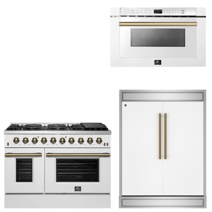 FORNO Appliance Package - 48" Gas Range, 60" Refrigerator, Microwave in White with Antique Brass Accents