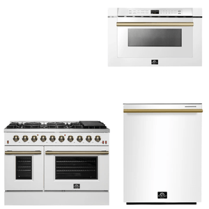 FORNO Appliance Package - 48" Gas Range, Dishwasher, Microwave in White with Antique Brass Accents