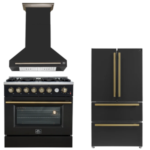 FORNO Appliance Package - 36" Gas Range, Range Hood, 36" Refrigerator in Black with Antique Brass Accents