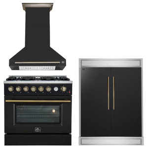 FORNO Appliance Package - 36" Gas Range, Range Hood, 60" Refrigerator in Black with Antique Brass Accents