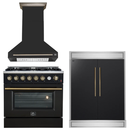 FORNO Appliance Package - 36" Gas Range, Range Hood, 60" Refrigerator in Black with Antique Brass Accents
