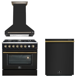 FORNO Appliance Package - 36" Gas Range, Range Hood, Dishwasher in Black with Antique Brass Accents