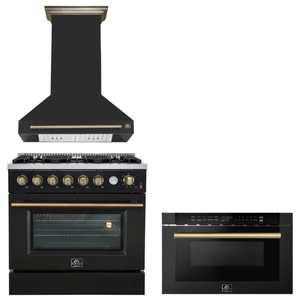 FORNO Appliance Package - 36" Gas Range, Range Hood, Microwave in Black with Antique Brass Accents