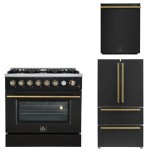 FORNO Appliance Package - 36" Gas Range, 36" Refrigerator, Dishwasher in Black with Antique Brass Accents