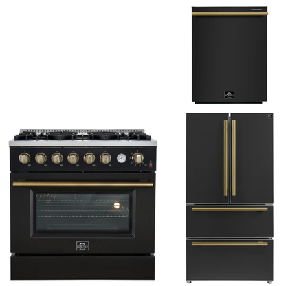 FORNO Appliance Package - 36" Gas Range, 36" Refrigerator, Dishwasher in Black with Antique Brass Accents