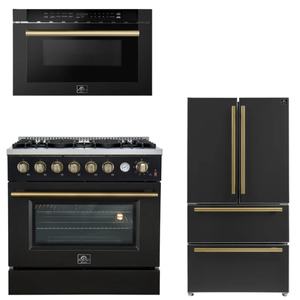 FORNO Appliance Package - 36" Gas Range, 36" Refrigerator, Microwave in Black with Antique Brass Accents