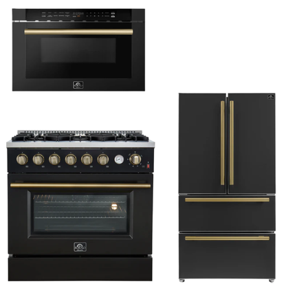 FORNO Appliance Package - 36" Gas Range, 36" Refrigerator, Microwave in Black with Antique Brass Accents