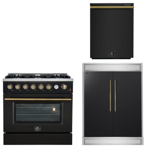 FORNO Appliance Package - 36" Gas Range, 60" Refrigerator, Dishwasher in Black with Antique Brass Accents