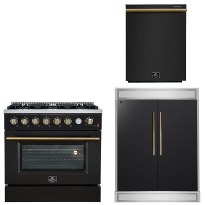 FORNO Appliance Package - 36" Gas Range, 60" Refrigerator, Dishwasher in Black with Antique Brass Accents