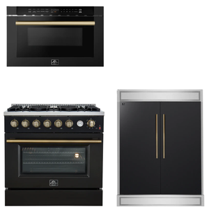 FORNO Appliance Package - 36" Gas Range, 60" Refrigerator, Microwave in Black with Antique Brass Accents