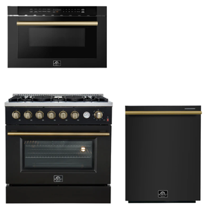 FORNO Appliance Package - 36" Gas Range, Dishwasher, Microwave in Black with Antique Brass Accents