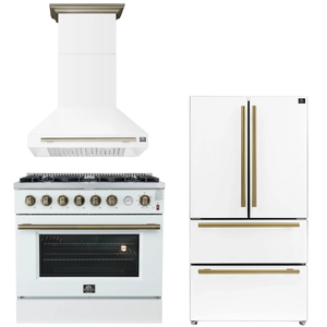 FORNO Appliance Package - 36" Gas Range, Range Hood, 36" Refrigerator in White with Antique Brass Accents