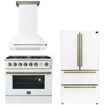 FORNO Appliance Package - 36" Gas Range, Range Hood, 36" Refrigerator in White with Antique Brass Accents