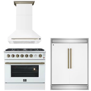 FORNO Appliance Package - 36" Gas Range, Range Hood, 60" Refrigerator in White with Antique Brass Accents