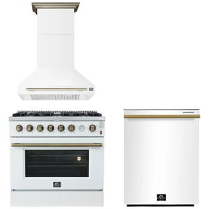 FORNO Appliance Package - 36" Gas Range, Range Hood, Dishwasher in White with Antique Brass Accents