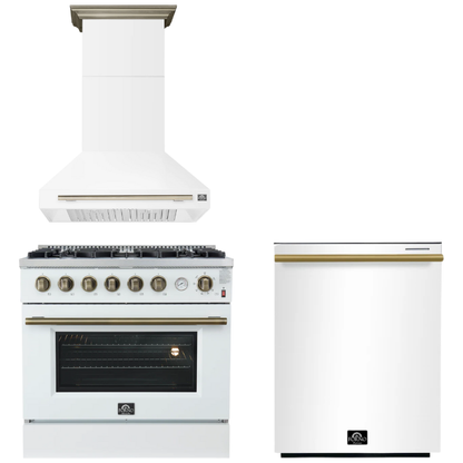 FORNO Appliance Package - 36" Gas Range, Range Hood, Dishwasher in White with Antique Brass Accents
