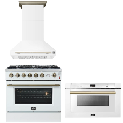 FORNO Appliance Package - 36" Gas Range, Range Hood, Microwave in White with Antique Brass Accents