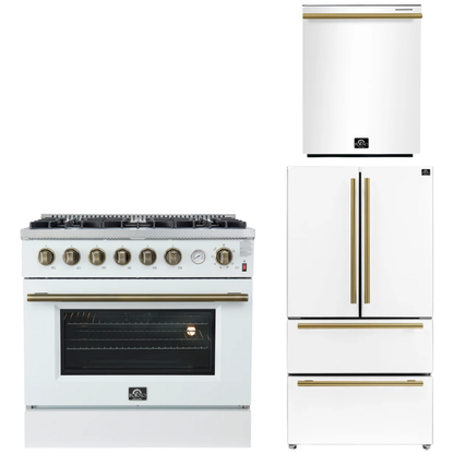 FORNO Appliance Package - 36" Gas Range, 36" Refrigerator, Dishwasher in White with Antique Brass Accents