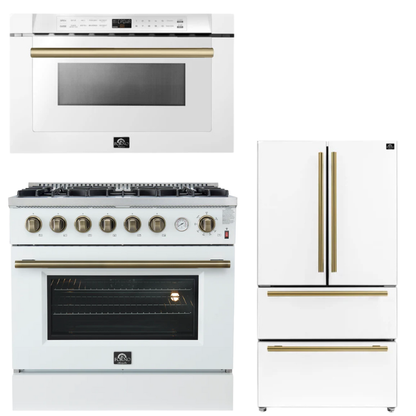 FORNO Appliance Package - 36" Gas Range, 36" Refrigerator, Microwave in White with Antique Brass Accents