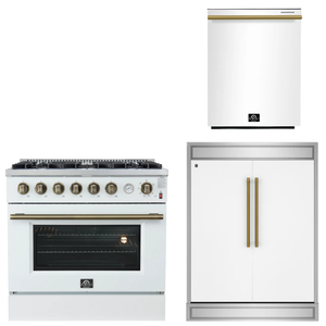 FORNO Appliance Package - 36" Gas Range, 60" Refrigerator, Dishwasher in White with Antique Brass Accents