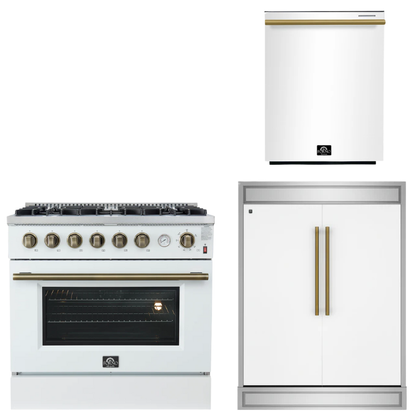 FORNO Appliance Package - 36" Gas Range, 60" Refrigerator, Dishwasher in White with Antique Brass Accents