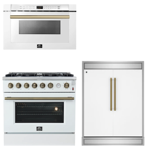 FORNO Appliance Package - 36" Gas Range, 60" Refrigerator, Microwave in White with Antique Brass Accents