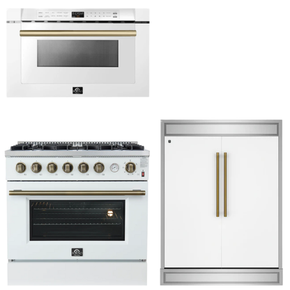 FORNO Appliance Package - 36" Gas Range, 60" Refrigerator, Microwave in White with Antique Brass Accents