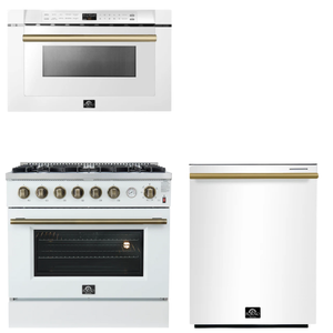 FORNO Appliance Package - 36" Gas Range, Dishwasher, Microwave in White with Antique Brass Accents