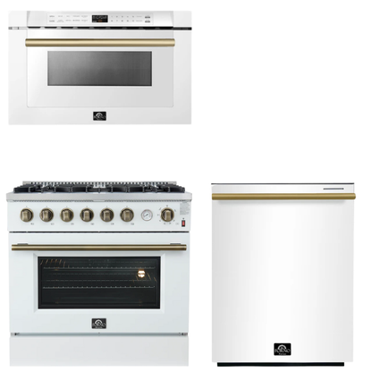 FORNO Appliance Package - 36" Gas Range, Dishwasher, Microwave in White with Antique Brass Accents