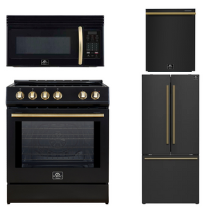 FORNO Espresso Package - 30" Induction Range, Over-The-Range Microwave, 30" Refrigerator with Ice Maker and Dishwasher in Black with Antique Brass Accents, AP4-0982BLK-A10