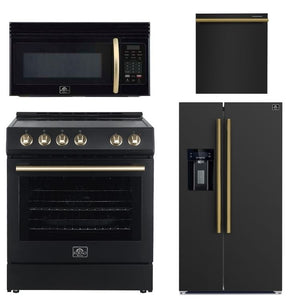 FORNO Espresso Package - 30" Induction Range, Over-The-Range Microwave, 36" Refrigerator with Water Dispenser/Ice Maker and Dishwasher in Black with Antique Brass Accents, AP4-0982BLK-A11