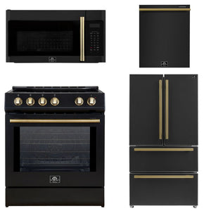 FORNO Espresso Package - 30" Induction Range, Over-The-Range Microwave, 36" Refrigerator with Ice Maker and Dishwasher in Black with Antique Brass Accents, AP4-0982BLK-A12