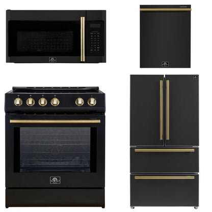 FORNO Espresso Package - 30" Induction Range, Over-The-Range Microwave, 36" Refrigerator with Ice Maker and Dishwasher in Black with Antique Brass Accents, AP4-0982BLK-A12