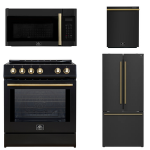 FORNO Espresso Package - 30" Induction Range, Over-The-Range Microwave, 30" Refrigerator with Ice Maker and Dishwasher in Black with Antique Brass Accents, AP4-0982BLK-A13