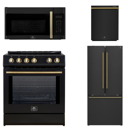 FORNO Espresso Package - 30" Induction Range, Over-The-Range Microwave, 30" Refrigerator with Ice Maker and Dishwasher in Black with Antique Brass Accents, AP4-0982BLK-A13
