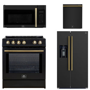 FORNO Espresso Package - 30" Induction Range, Over-The-Range Microwave, 36" Refrigerator with Water Dispenser/Ice Maker and Dishwasher in Black with Antique Brass Accents, AP4-0982BLK-A14