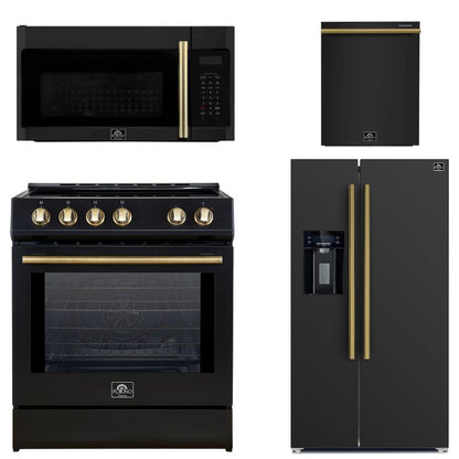 FORNO Espresso Package - 30" Induction Range, Over-The-Range Microwave, 36" Refrigerator with Water Dispenser/Ice Maker and Dishwasher in Black with Antique Brass Accents, AP4-0982BLK-A14