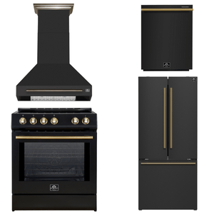 FORNO Espresso Package - 30" Induction Range, Wall Mount Range Hood, 30" Refrigerator and Dishwasher in Black with Antique Brass Accents, AP4-0982BLK-A16