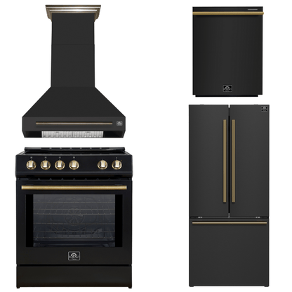FORNO Espresso Package - 30" Induction Range, Wall Mount Range Hood, 30" Refrigerator and Dishwasher in Black with Antique Brass Accents, AP4-0982BLK-A16