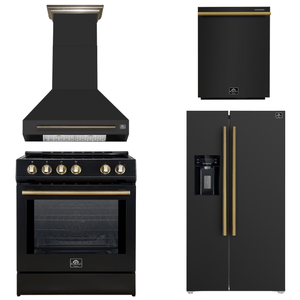 FORNO Espresso Package - 30" Induction Range, Wall Mount Range Hood, 36" Refrigerator with Water and Ice Dispenser and Dishwasher in Black with Antique Brass Accents, AP4-0982BLK-A17