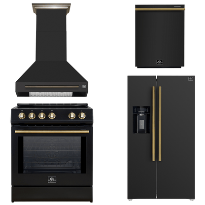 FORNO Espresso Package - 30" Induction Range, Wall Mount Range Hood, 36" Refrigerator with Water and Ice Dispenser and Dishwasher in Black with Antique Brass Accents, AP4-0982BLK-A17