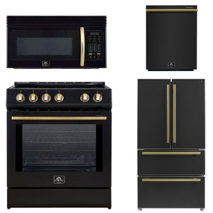 FORNO Espresso Package - 30" Induction Range, Over-The-Range Microwave, 36" Refrigerator with Ice Maker and Dishwasher in Black with Antique Brass Accents, AP4-0982BLK-A9